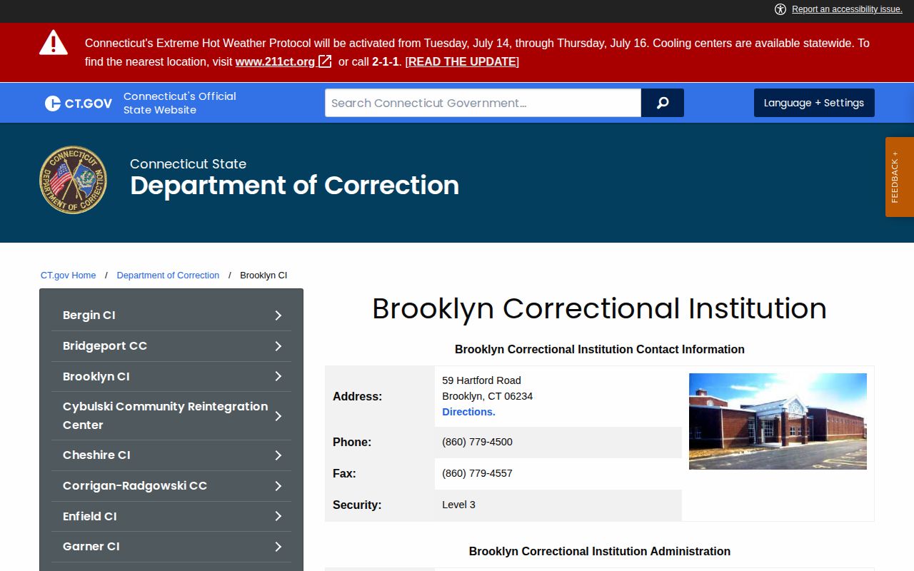 Brooklyn Correctional Institution CT DOC release information in Windham County