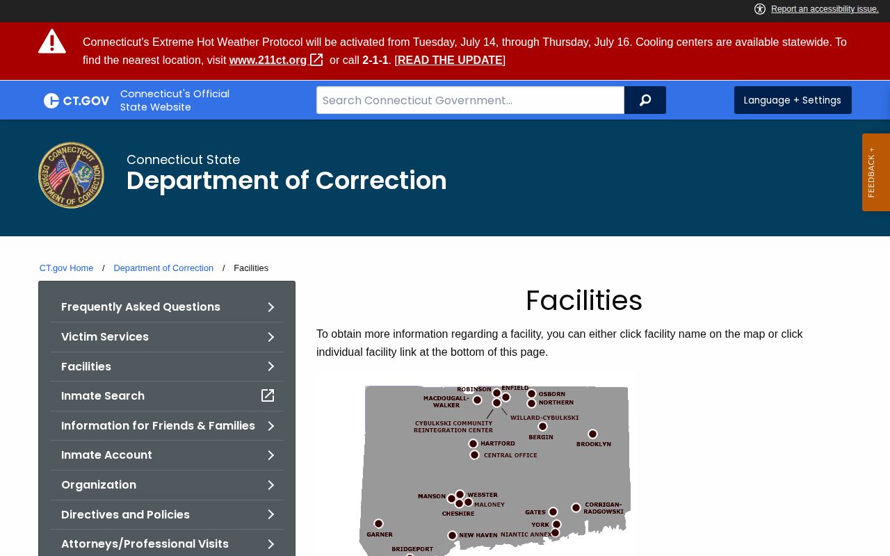 CT DOC facilities list confirming Brooklyn Correctional Institution release system