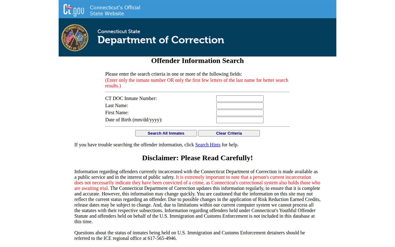 Windham County released inmate CT DOC search form