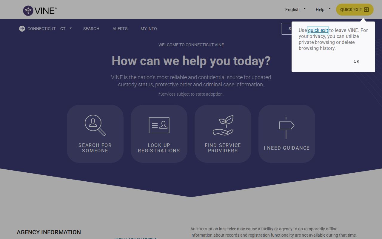Windham County VINELink inmate search and release notification screen